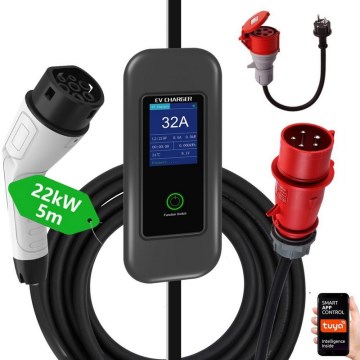Immax - Estação de carregamento portátil para veículos elétricos AC Type 2 32A/380V 22kW + ficha 230V 5m Wi-Fi Tuya
