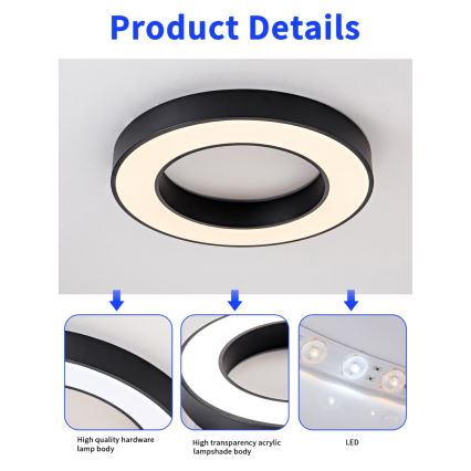 Immax NEO 07209L - Iluminação de teto LED com regulação PASTEL LED/53W/230V 60 cm preto Tuya + controlo remoto