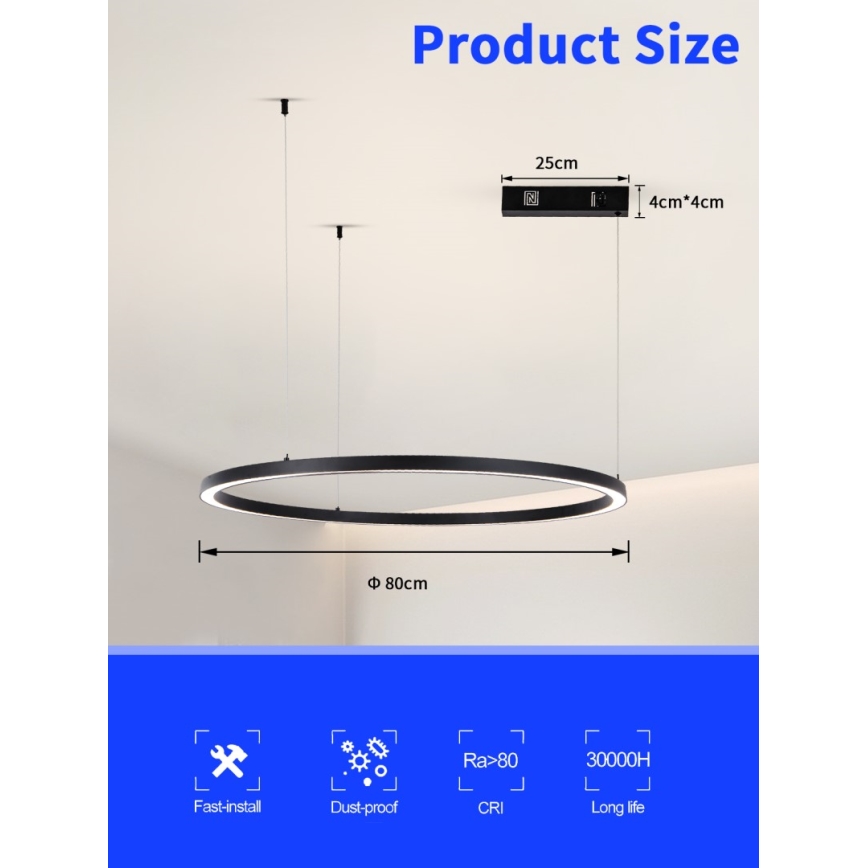 Immax NEO 07215L - Candelabro suspenso LED com regulação FINO LED/60W/230V 80 cm preto Tuya + controlo remoto