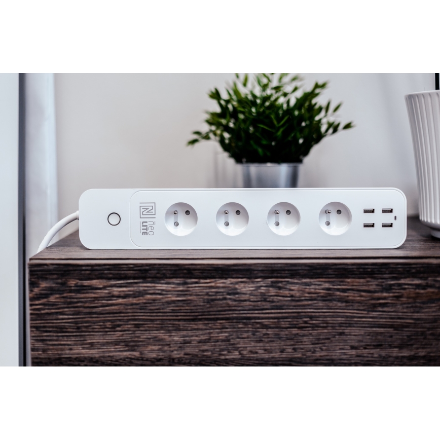 Immax NEO 07707L - Cabo de extensão NEO LITE Smart 4AC + 4USB Wi-Fi Tuya 1,5m