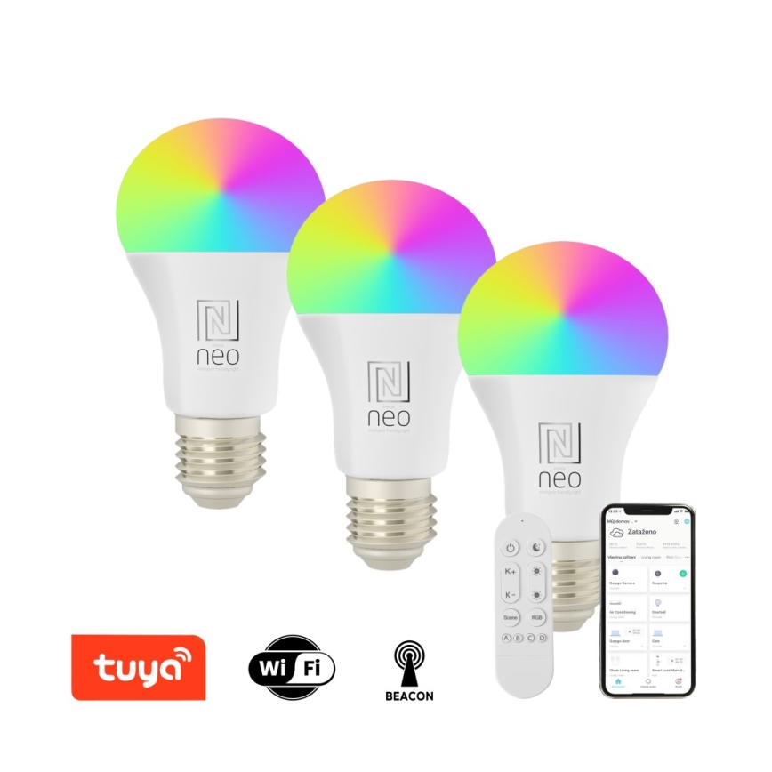 Immax NEO 07712CDO - CONJUNTO 3x LED RGB+CCT Lâmpada com regulação E27/9W/230V Wi-Fi Tuya + controlo remoto