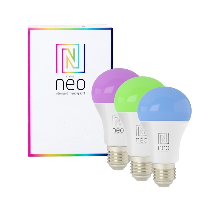 Immax NEO 07712CDO - CONJUNTO 3x LED RGB+CCT Lâmpada com regulação E27/9W/230V Wi-Fi Tuya + controlo remoto