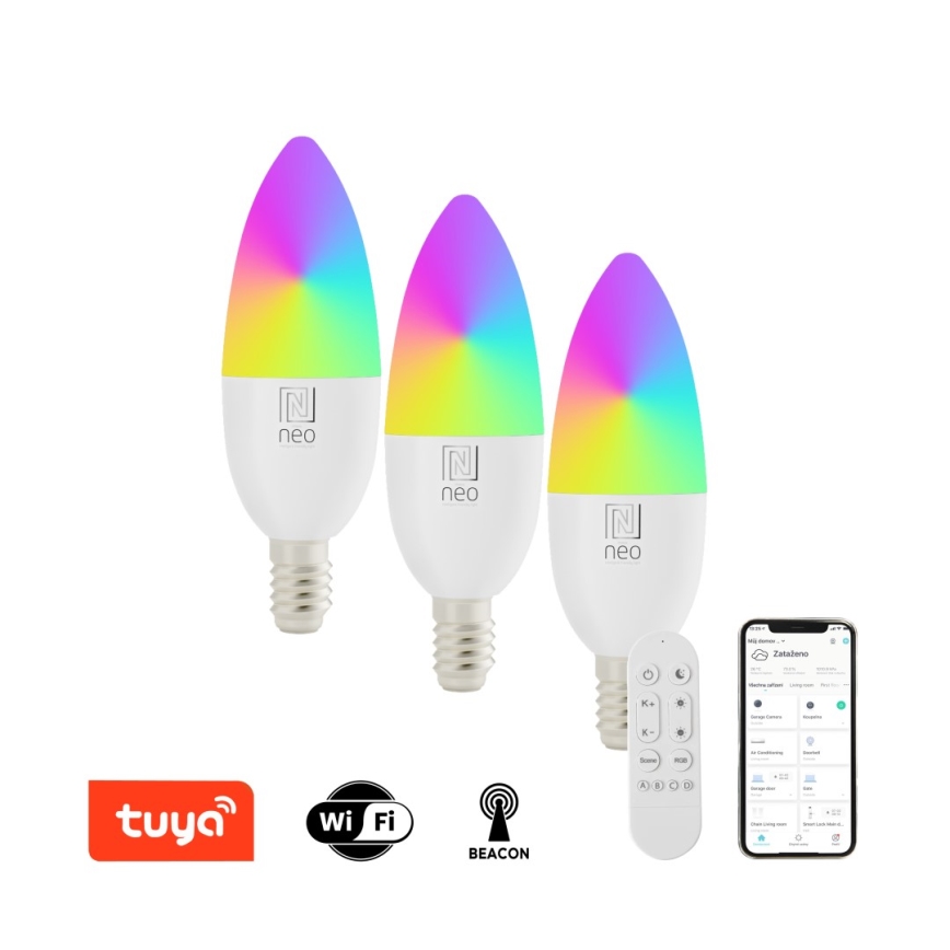Immax NEO 07716CDO - CONJUNTO 3x LED RGB+CCT Lâmpada com regulação E14/6W/230V Wi-Fi Tuya + controlo remoto