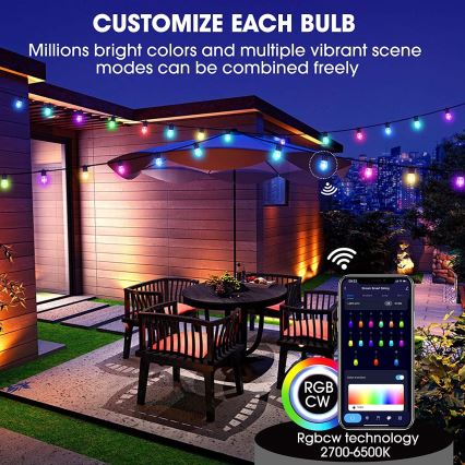 Cadeia de luzes LED RGB+CCT regulável para exterior GIRLANDA 15xLED/1W/230V 15m Wi-Fi Tuya IP65 + controlo remoto