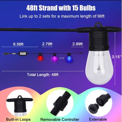 Corrente exterior regulável LED RGB+CCT GARLAND 15xLED/1W/230V 15m Wi-Fi Tuya IP65 + comando