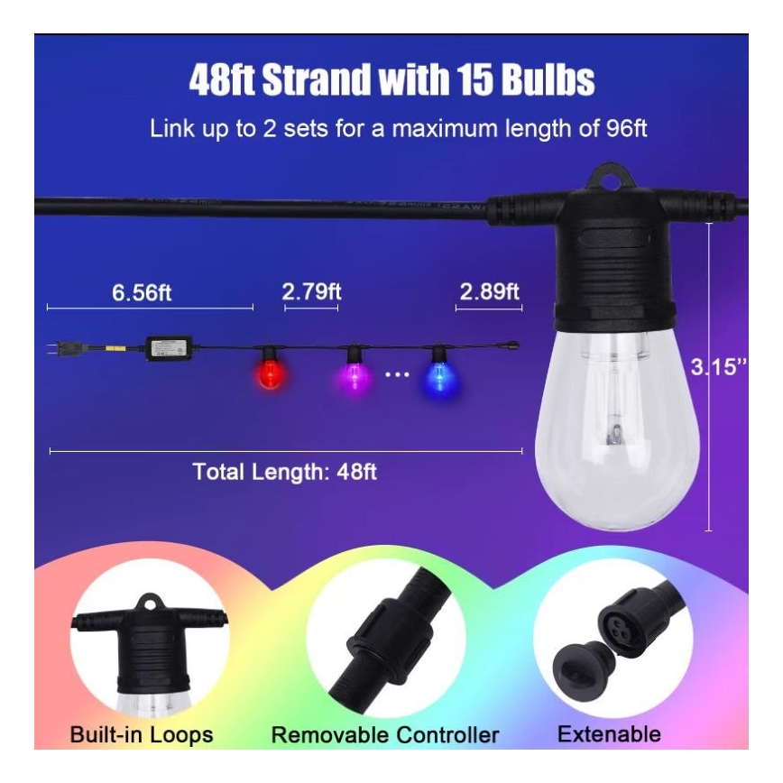Corrente exterior regulável LED RGB+CCT GARLAND 15xLED/1W/230V 15m Wi-Fi Tuya IP65 + comando