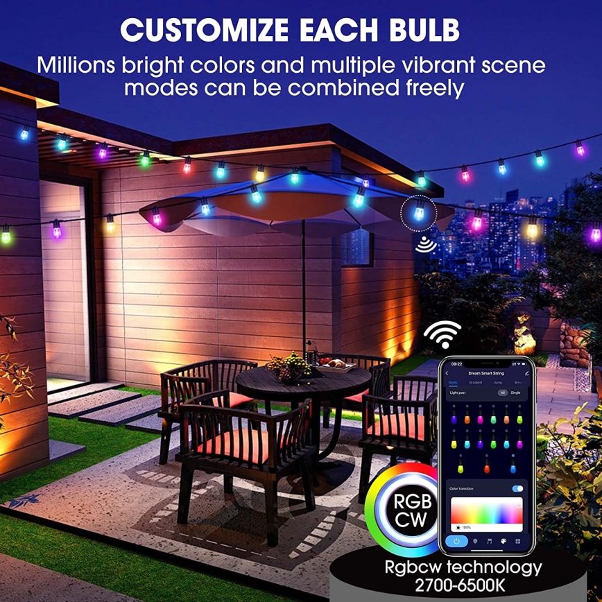 Corrente exterior regulável LED RGB+CCT GARLAND 15xLED/1W/230V 15m Wi-Fi Tuya IP65 + comando
