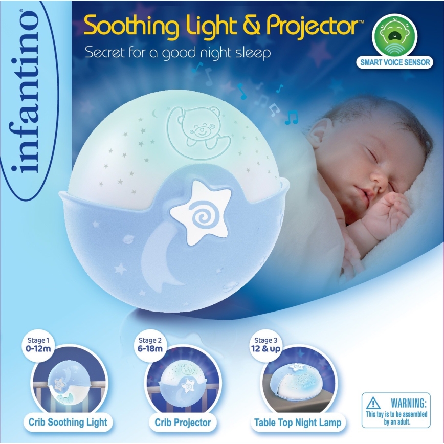 Infantino - Candeeiro pequeno para crianças com projetor 3xAA azul