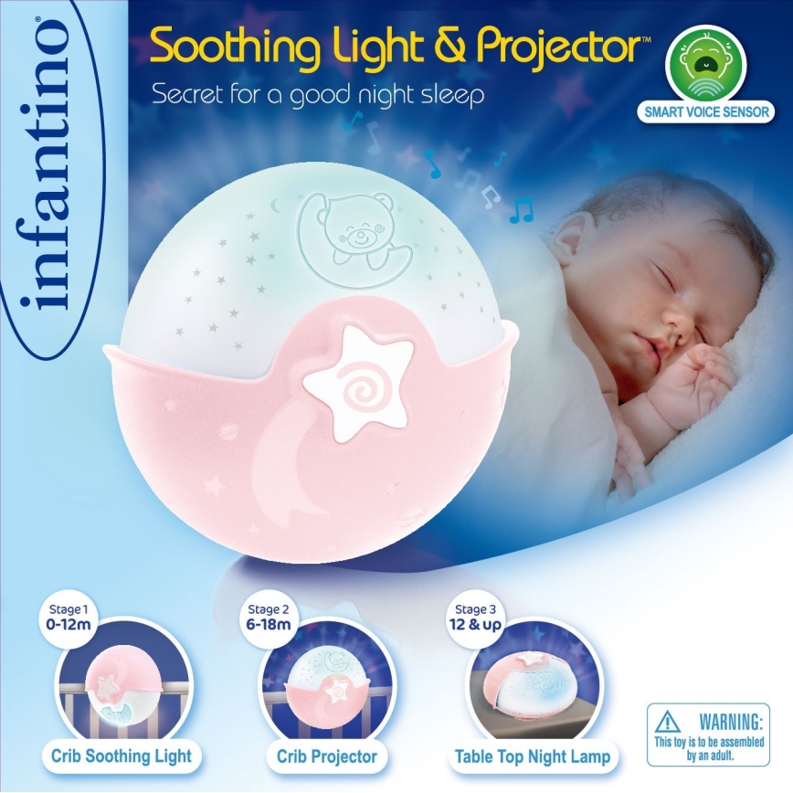 Infantino - Candeeiro pequeno para crianças com projetor 3xAA rosa
