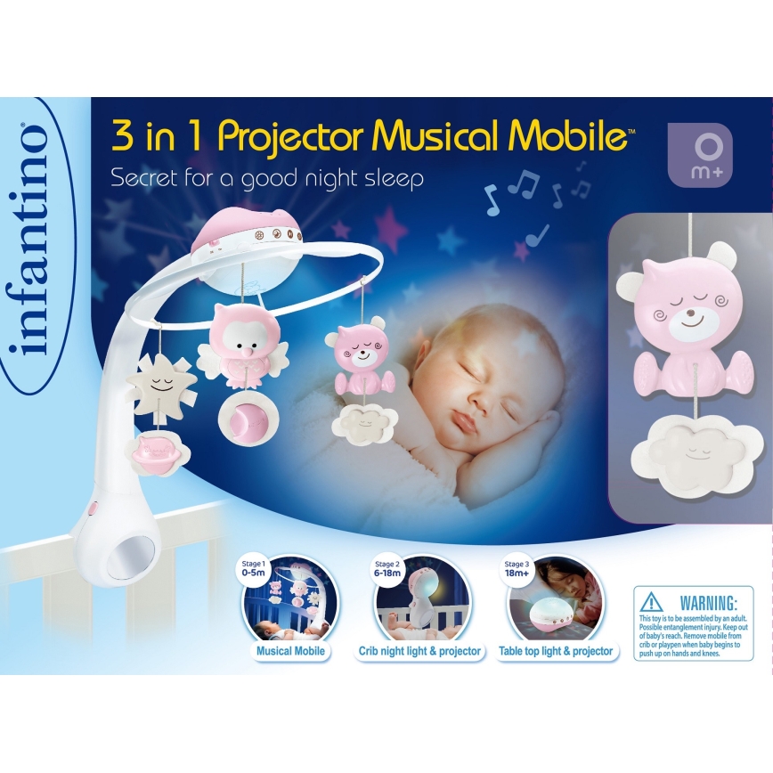 Infantino - Mobil de berço com melodia 3em1 3xAAA rosa