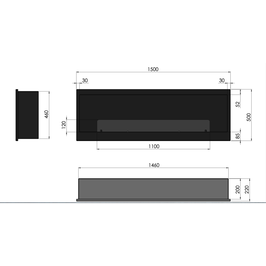 InFire - Lareira BIO embutida 150x50 cm 4,2kW preta
