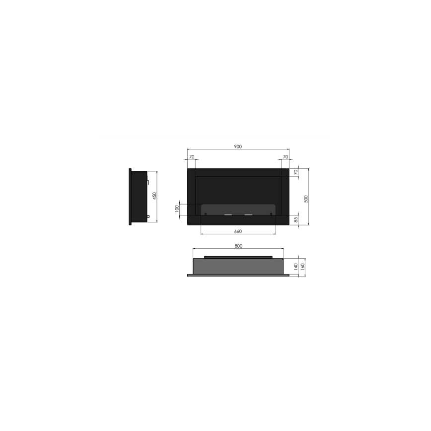 InFire - Lareira BIO embutida 90x50 cm 3kW preta