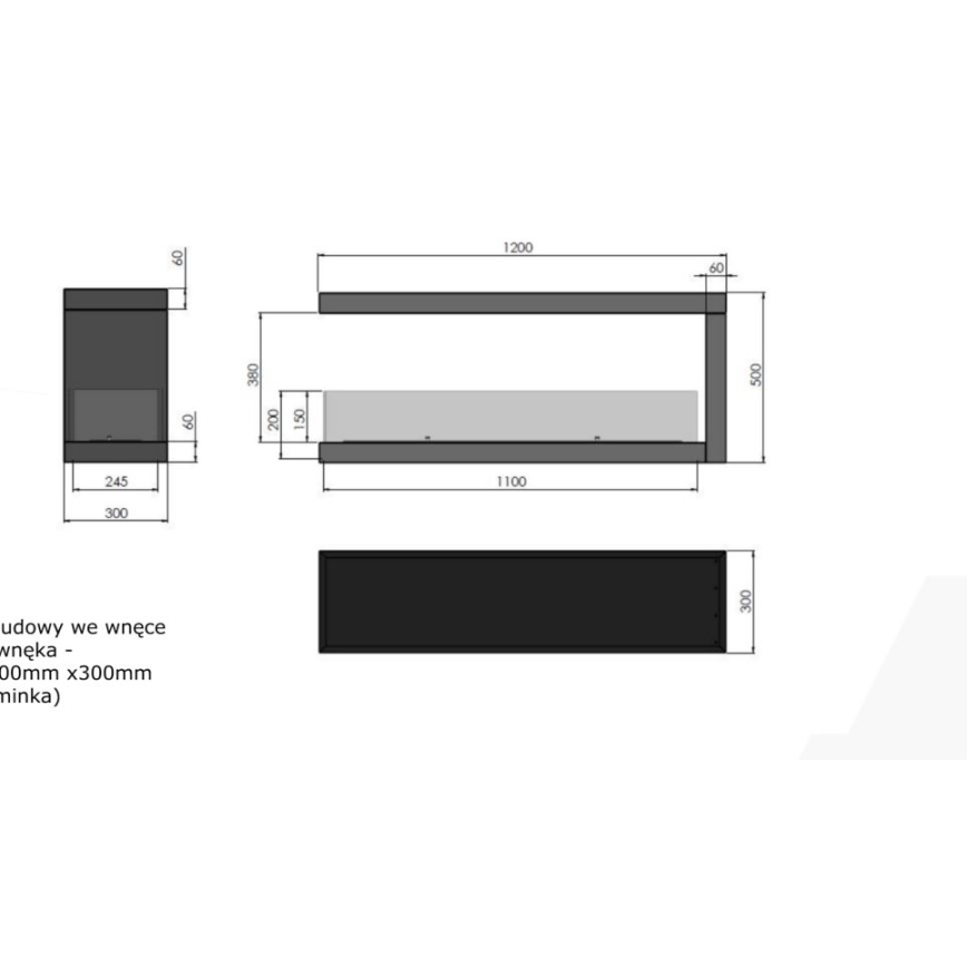 InFire - Lareira de canto BIO 120x50 cm 3kW bifacial