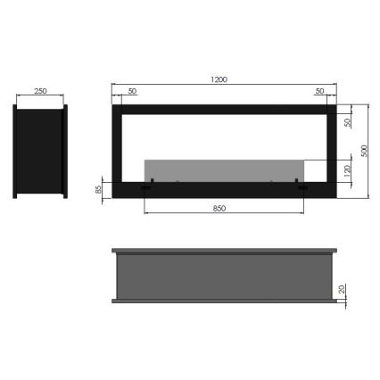 InFire - Lareira embutida BIO 120x50 cm 3kW bifacial