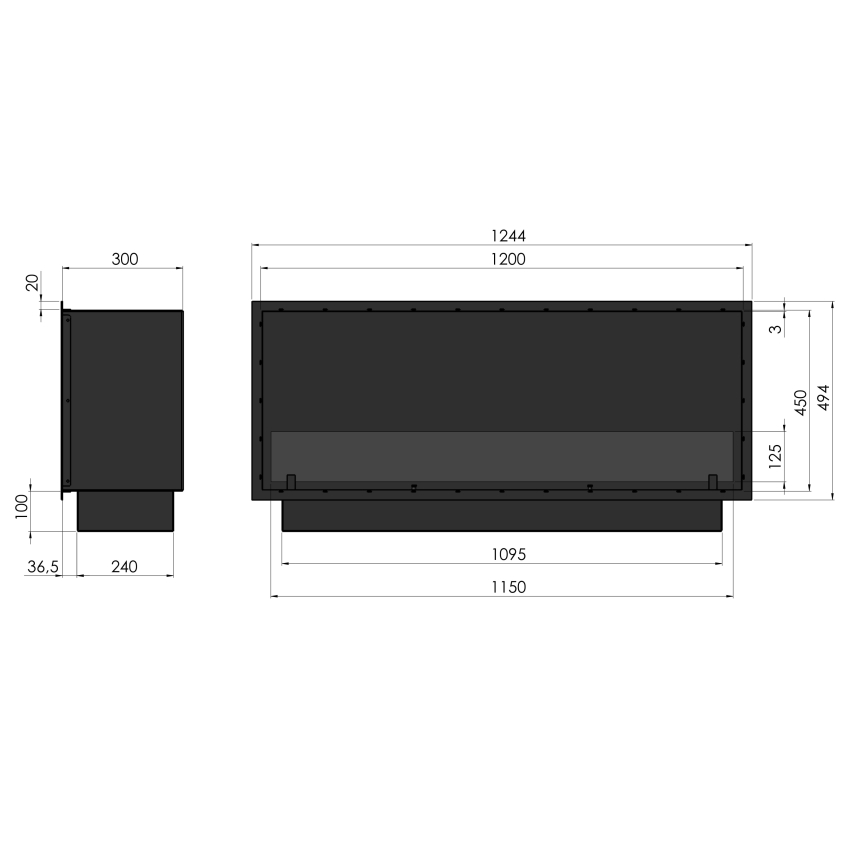 InFire - Lareira embutida BIO 49,4x124,4 cm 6kW preto