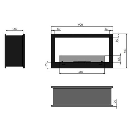 InFire - Lareira integrada BIO 90x50 cm 3kW bifacial