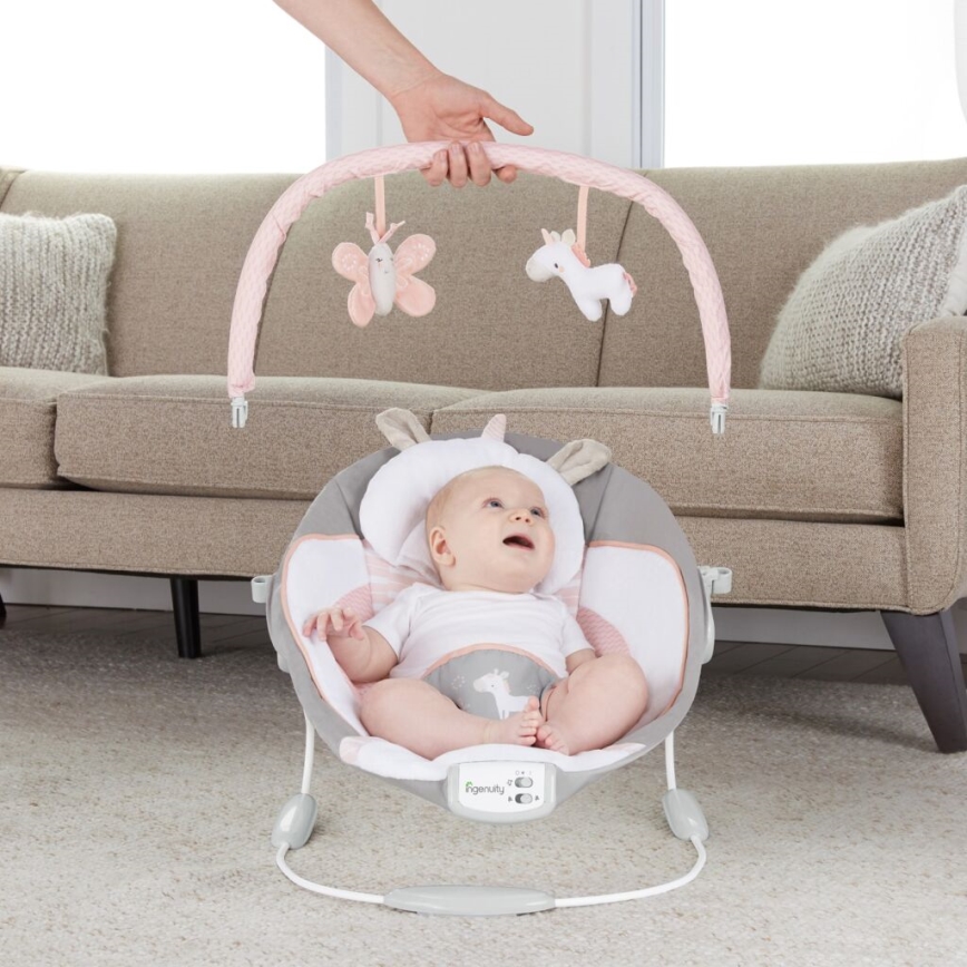 Ingenuity - Espreguiçadeira vibratória para bebé com melodia FLORA THE UNICORN