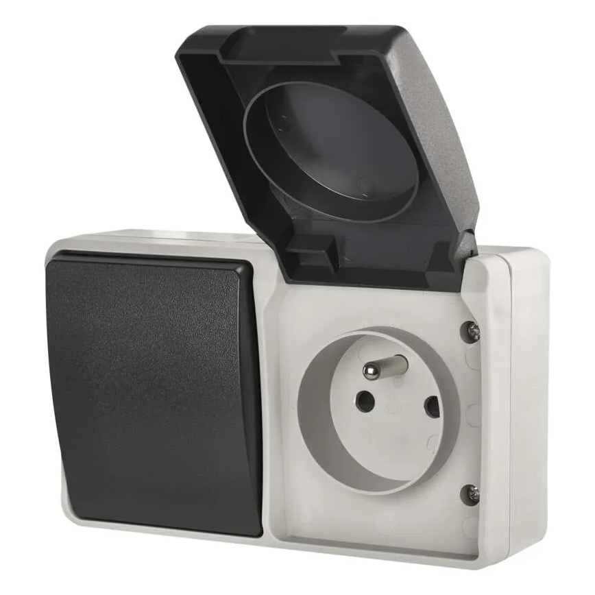Interruptor doméstico alternado nº 6 com tomada 250V/16A IP44 cinza