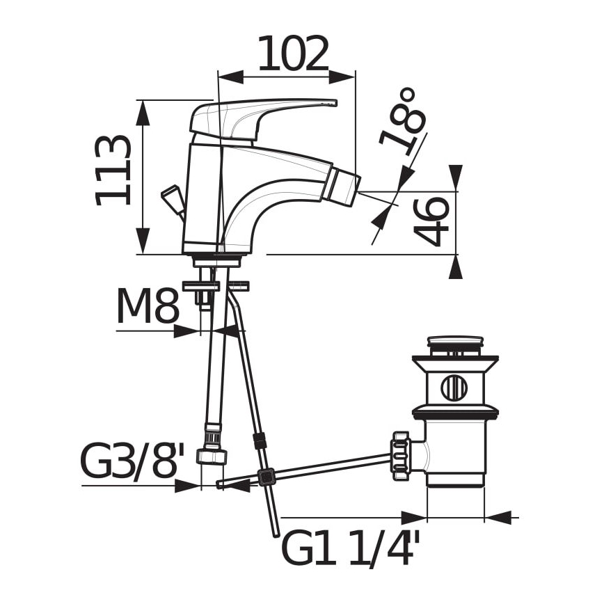 JIKA H3411U10041111 - Misturador para bidé com válvula de escoamento sem transbordo DEEP 11,3 cm cromo brilhante