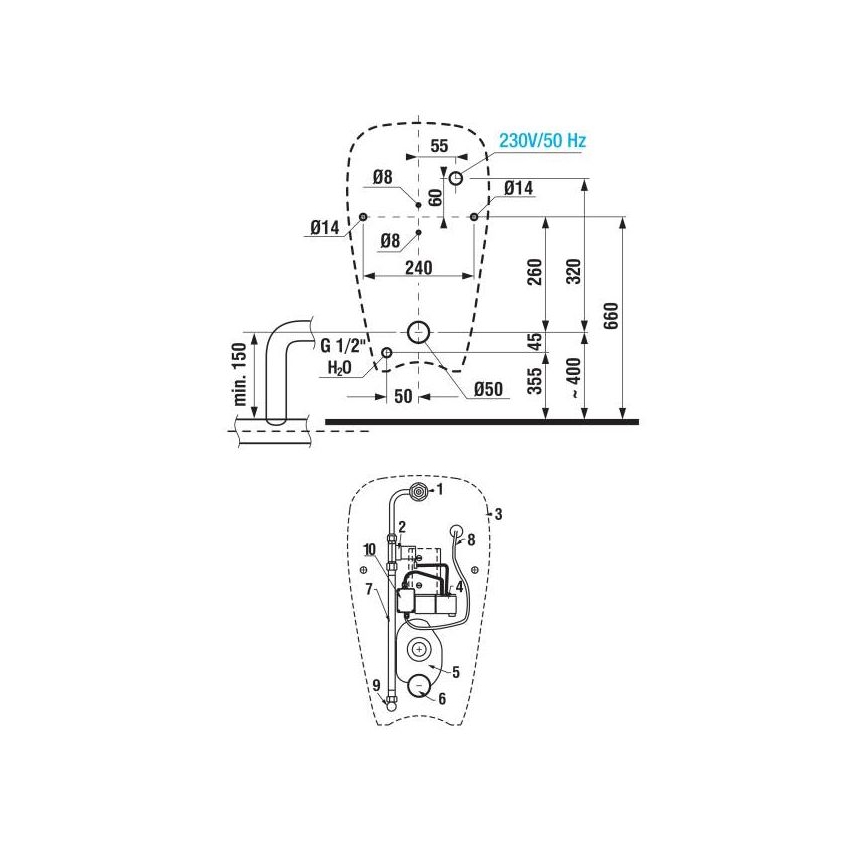 JIKA H8430700004901 - Urinol com sensor GOLEM 230V entrada interna, descarga traseira cerâmica/branco