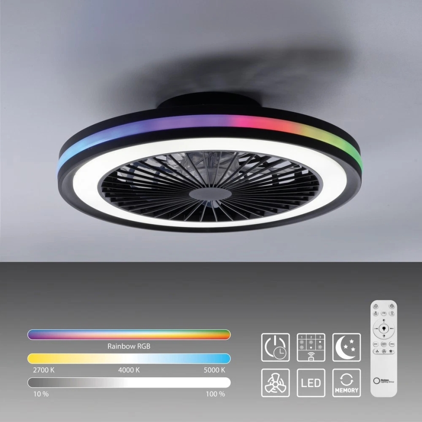 JUST LIGHT. 14649-18 - Ventilador de teto LED RGBW dimmerizável com luz BRANDON LED/36W/230V 2700-5000K diâmetro 46,5 cm preto + controlo remoto