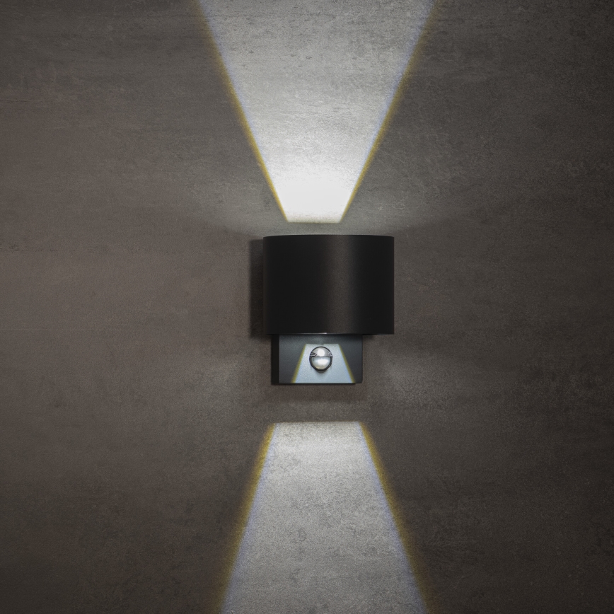 Candeeiro de parede exterior REKA LED com sensor de movimento e crepúsculo, 7W, 230V, IP54, antracite, redondo