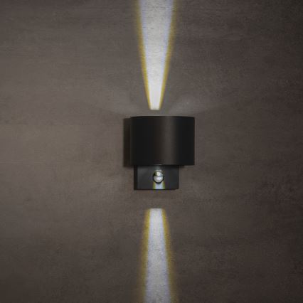Candeeiro de parede exterior REKA LED com sensor de movimento e crepúsculo, 7W, 230V, IP54, antracite, redondo