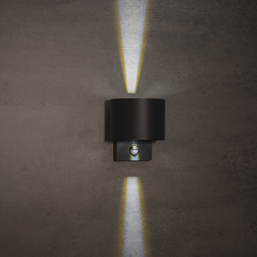 Candeeiro de parede exterior REKA LED com sensor de movimento e crepúsculo, 7W, 230V, IP54, antracite, redondo