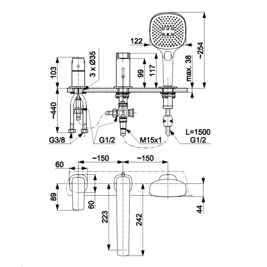 KFA Armatura 4525-210-61 - Misturador de banheira 3 furos MALAGA cinza metálico