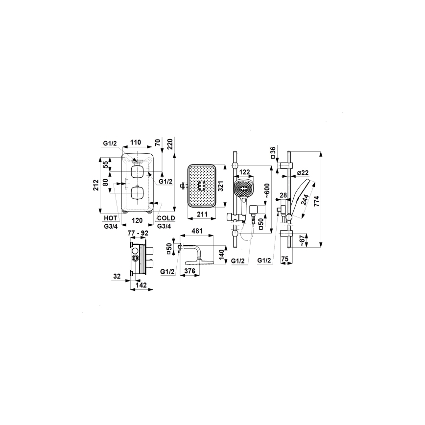 KFA Armatura 5759-301-34 - Conjunto de duche MALAGA com misturador termostático encastrado, acabamento ouro rosa