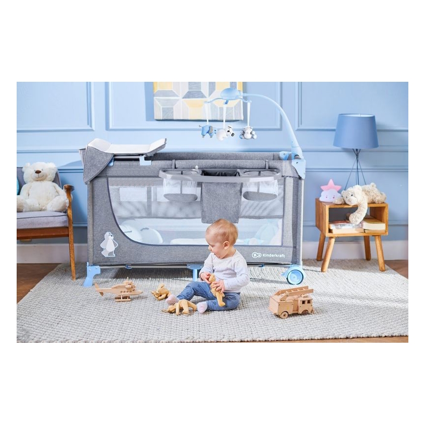 KINDERKRAFT - Berço de viagem JOY com acessórios em cinzento-azul