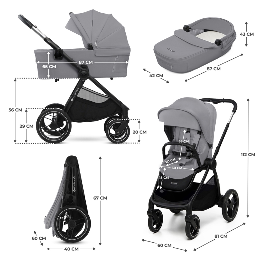 KINDERKRAFT - Carrinho de bebé combinado 2em1 NEA 2 Platinum cinzento