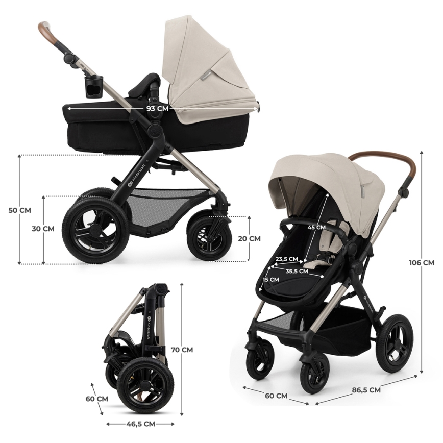 KINDERKRAFT - Carrinho de bebé combinado 3em1 MOOV 2 AIR Moonlight cinzento + assento de automóvel MINK PRO