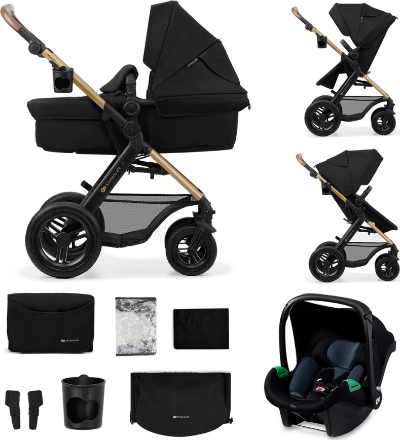 KINDERKRAFT - Carrinho de bebé combinado 3em1 MOOV 2 AIR Pure preto + assento de automóvel MINK PRO