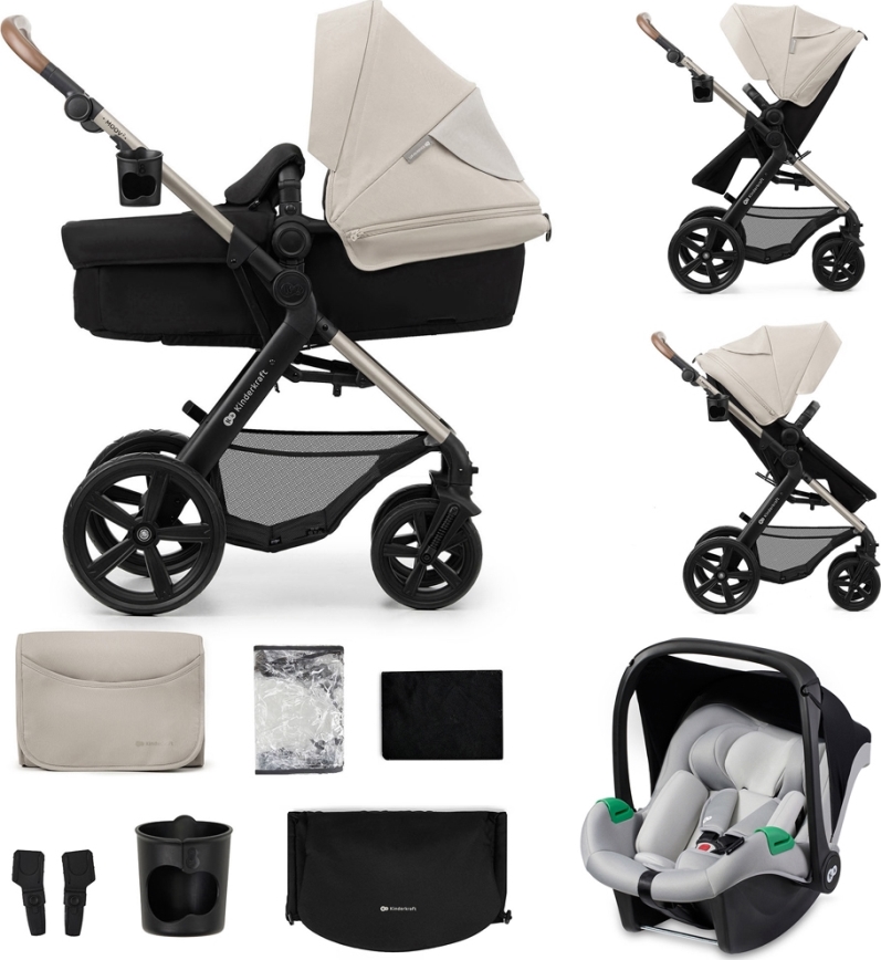 KINDERKRAFT - Carrinho de bebé combinado 3em1 MOOV 2 Moonlight cinzento + assento de automóvel MINK PRO