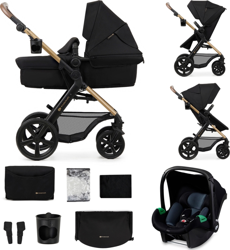 KINDERKRAFT - Carrinho de bebé combinado 3em1 MOOV 2 Pure preto + assento de automóvel MINK PRO