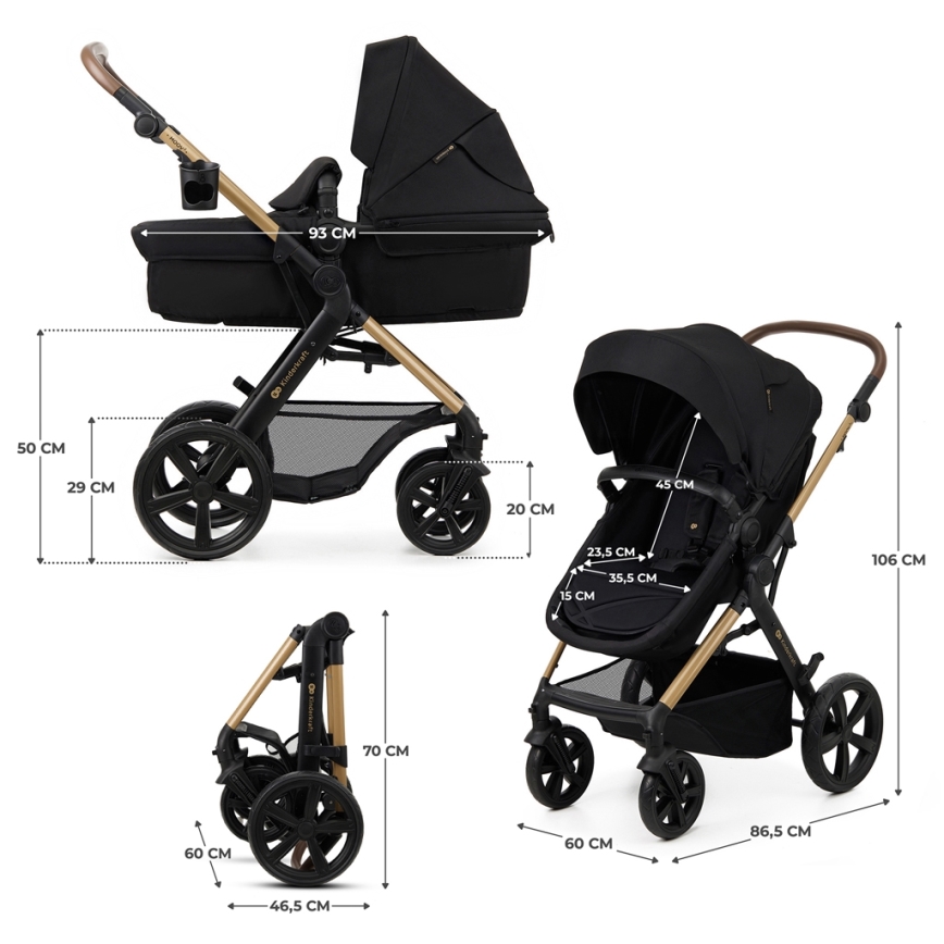 KINDERKRAFT - Carrinho de bebé combinado 3em1 MOOV 2 Pure preto + assento de automóvel MINK PRO