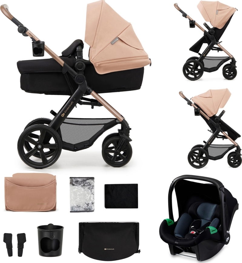 KINDERKRAFT - Carrinho de bebé combinado 3em1 MOOV 2 Sand bege + assento de automóvel MINK PRO