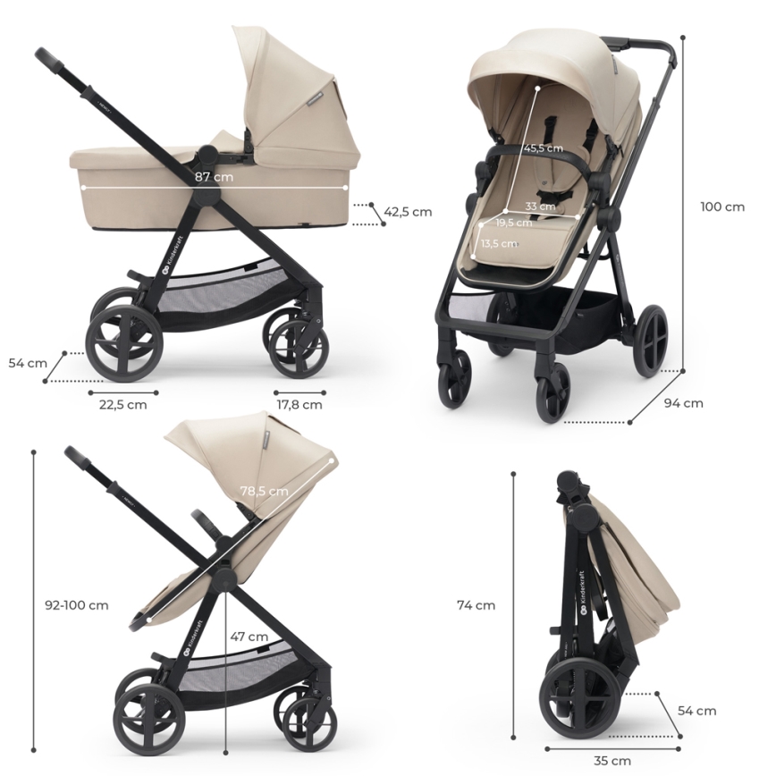 KINDERKRAFT - Carrinho de bebé combinado 4em1 NEWLY Clássico bege + assento de automóvel MINK PRO com base ISOFIX