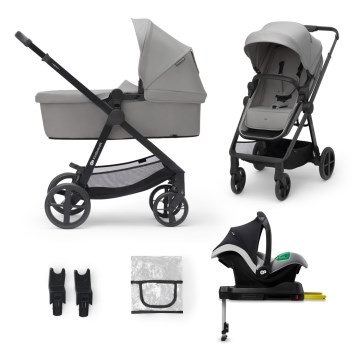 KINDERKRAFT - Carrinho de bebé combinado 4v1 NEWLY Clássico cinzento + assento de automóvel MINK PRO com base ISOFIX
