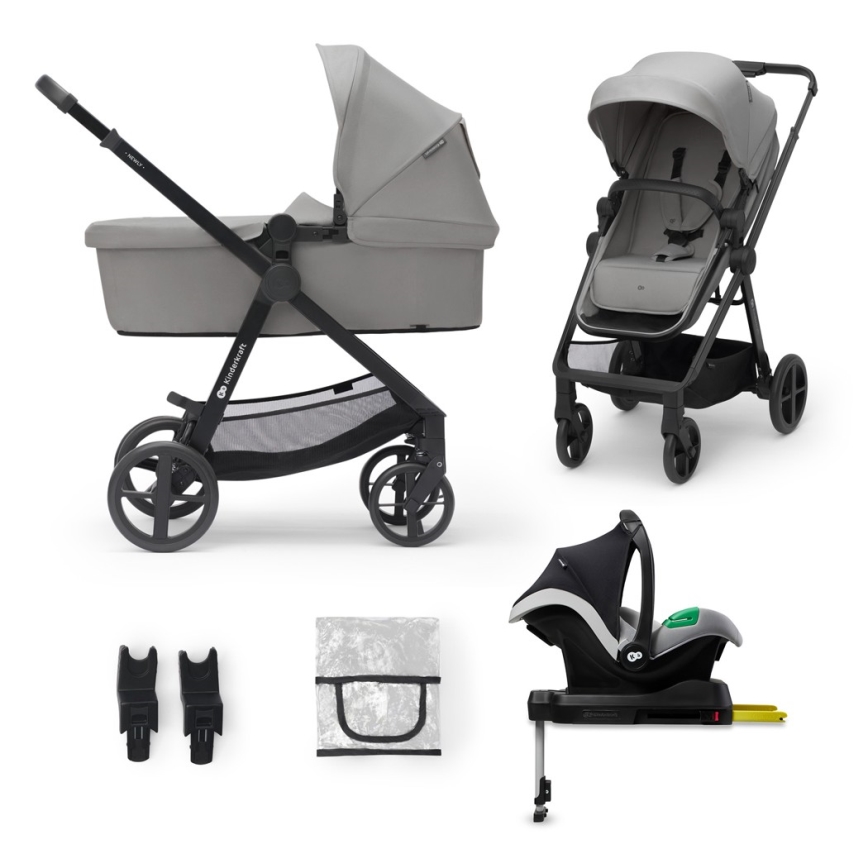 KINDERKRAFT - Carrinho de bebé combinado 4v1 NEWLY Clássico cinzento + assento de automóvel MINK PRO com base ISOFIX