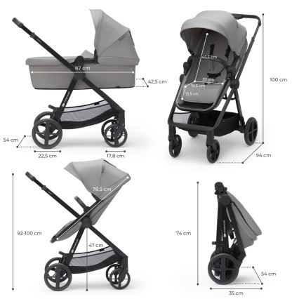 KINDERKRAFT - Carrinho de bebé combinado 4v1 NEWLY Clássico cinzento + assento de automóvel MINK PRO com base ISOFIX