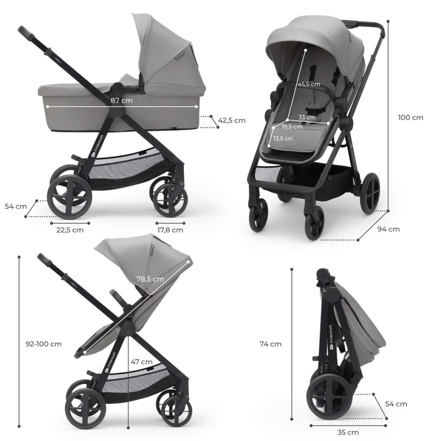 KINDERKRAFT - Carrinho de bebé combinado 4v1 NEWLY Clássico cinzento + assento de automóvel MINK PRO com base ISOFIX