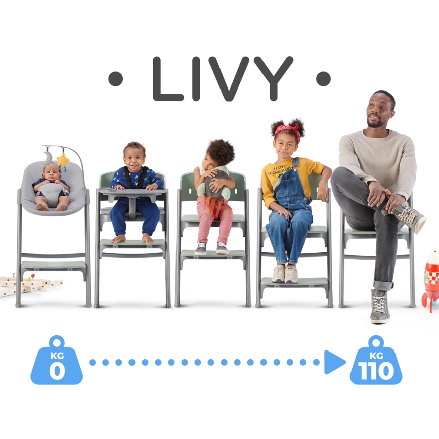 KINDERKRAFT SELECT - Cadeira de refeição para criança 3em1 LIVY Premium Olive verde + espreguiçadeira CALMEE