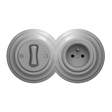 Kliklap - Interruptor unipolar retro n.º 1 e tomada 230 V com moldura cinzenta