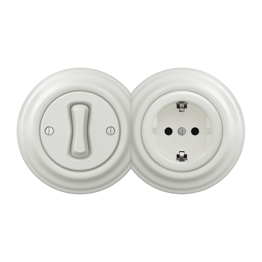 Kliklap - Retro interruptor unipolar n.º 1 e tomada SCHUKO 230V com moldura branca
