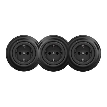Kliklap - Tomada retro tripla doméstica com moldura SCHUKO 230V, preta