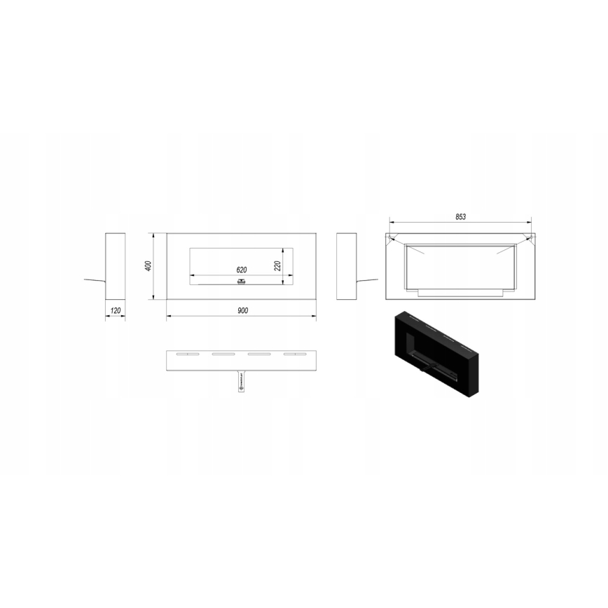 Kratki - Lareira de parede BIO 40x90 cm 1,5kW preto