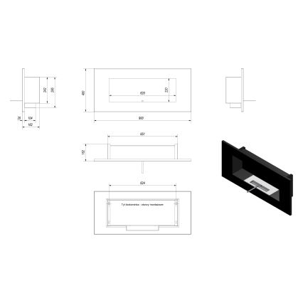 Kratki - Lareira incorporada BIO 40x90 cm 2kW preto