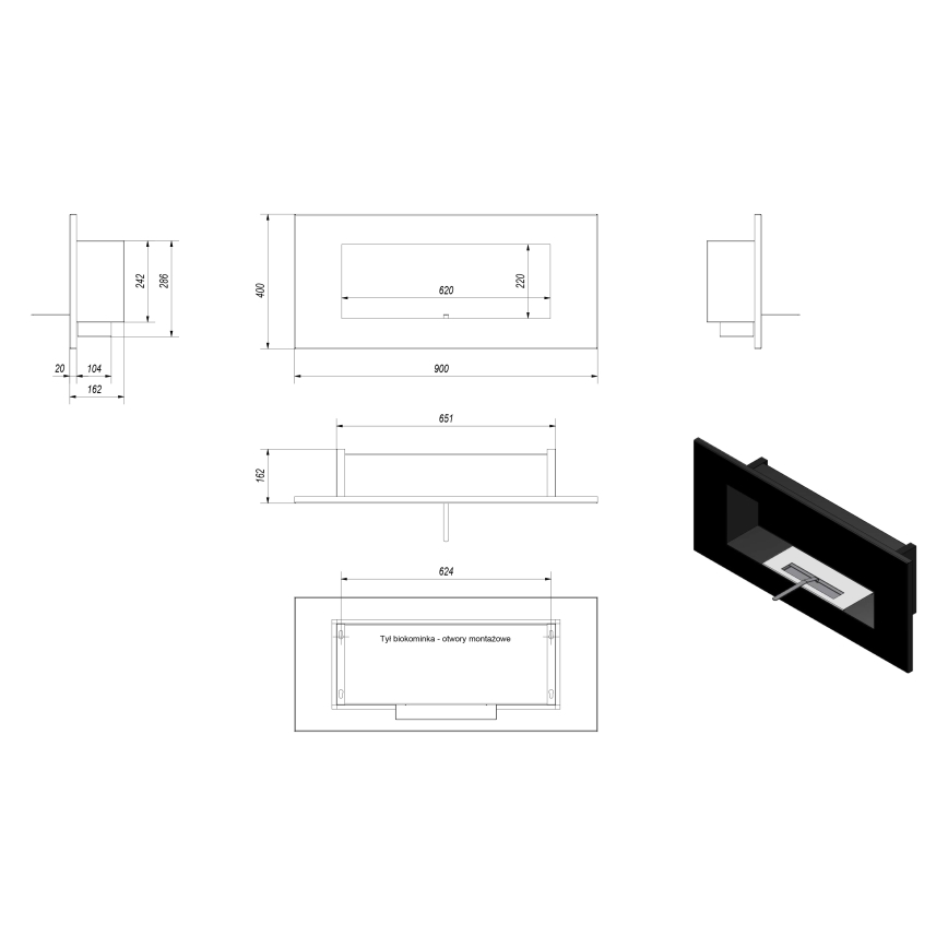 Kratki - Lareira incorporada BIO 40x90 cm 2kW preto
